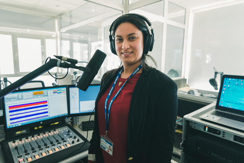 Portrait of female radio journalist at tanger med port