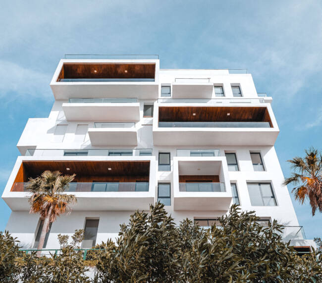 Architecture photography of apartment building in tanger morocco - low angle